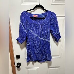 Silk Royal Blue Scoop-neck Blouse with Light Blue botanical print